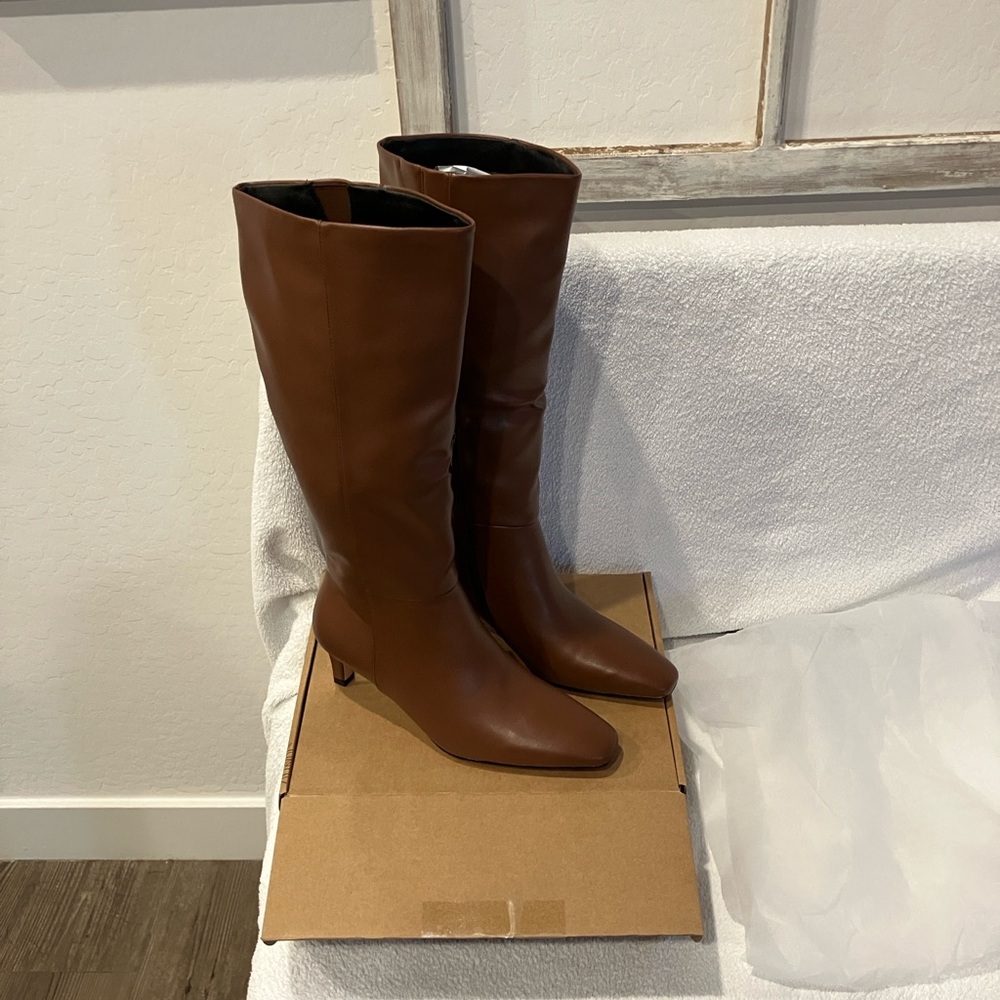 Women's Tall Brown Leather-Look Heeled Boots